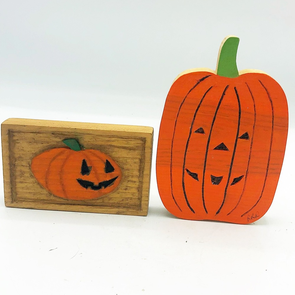 Set of 2 Handpainted Wooden Jack O'Lanterns